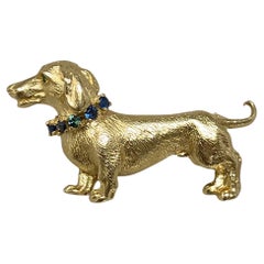 Vintage 14k Yellow Gold Blue Sapphire & Emerald DACHSHUND Dog Brooch, Pin