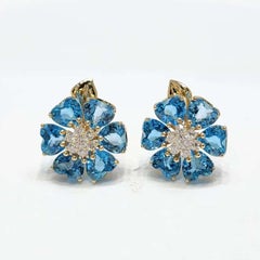 Vintage 14K Yellow Gold Blue Topaz Flower Earrings with Diamonds