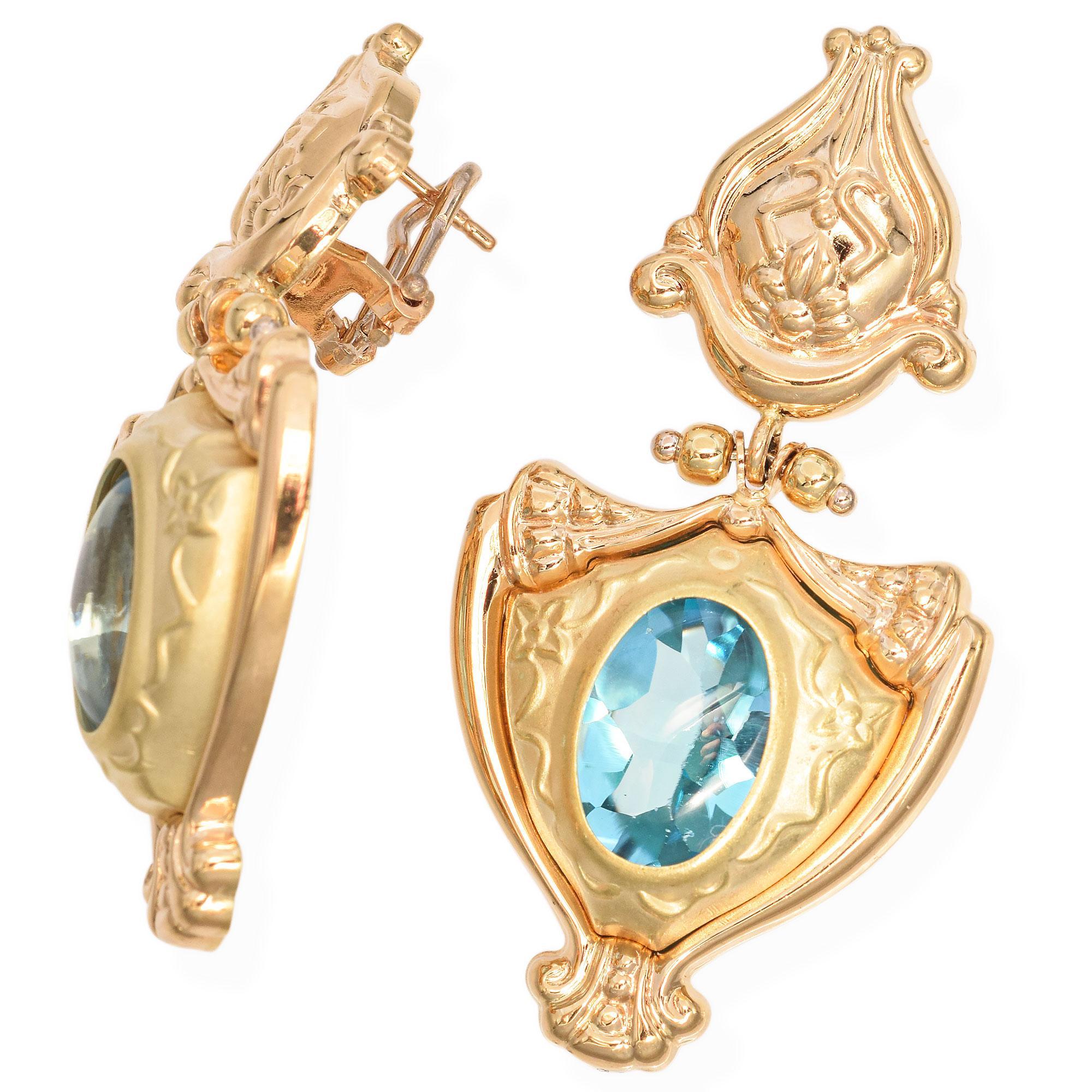 Cabochon Vintage 14k Yellow Gold Blue Topaz Statement Drop Earrings For Sale
