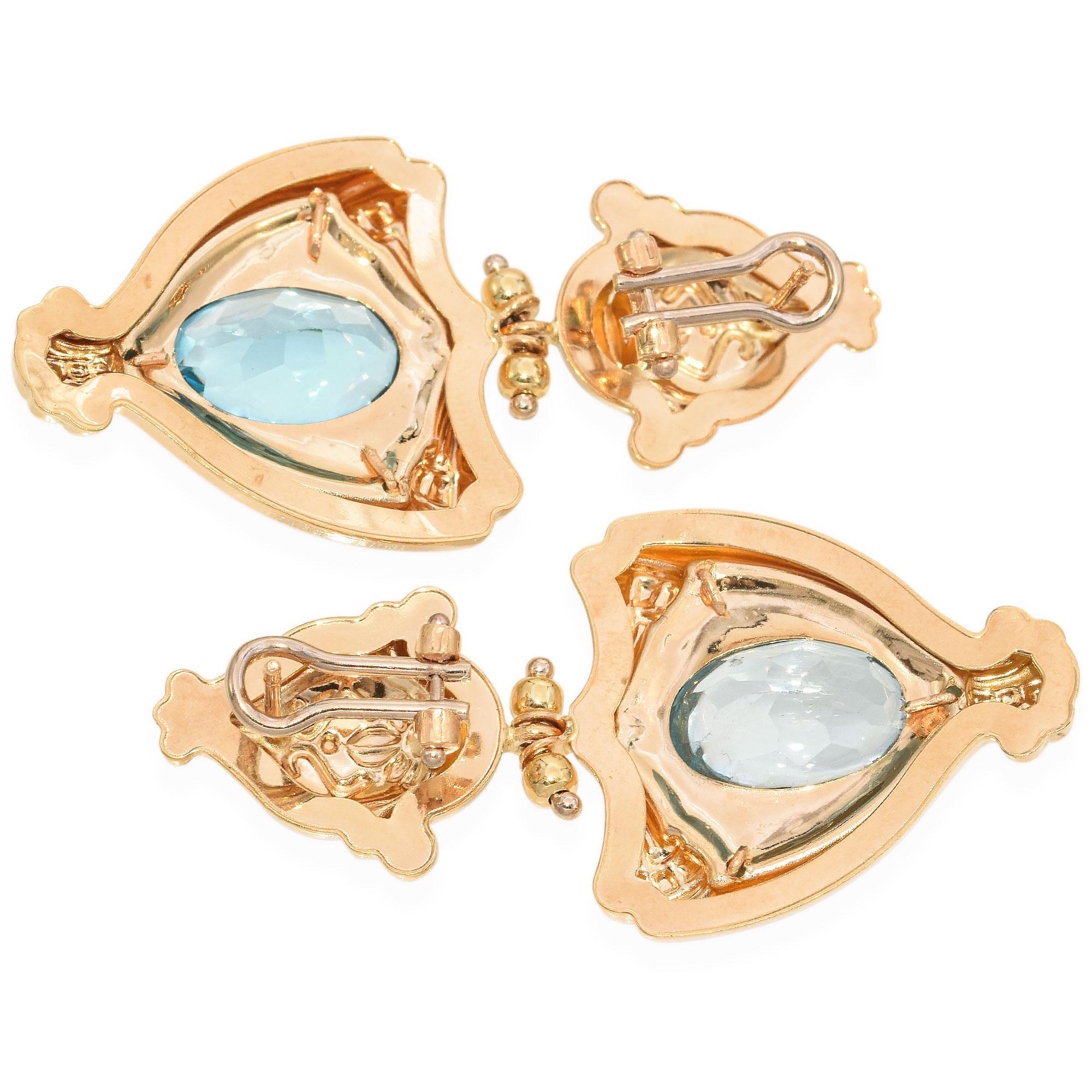 Women's Vintage 14k Yellow Gold Blue Topaz Statement Drop Earrings For Sale