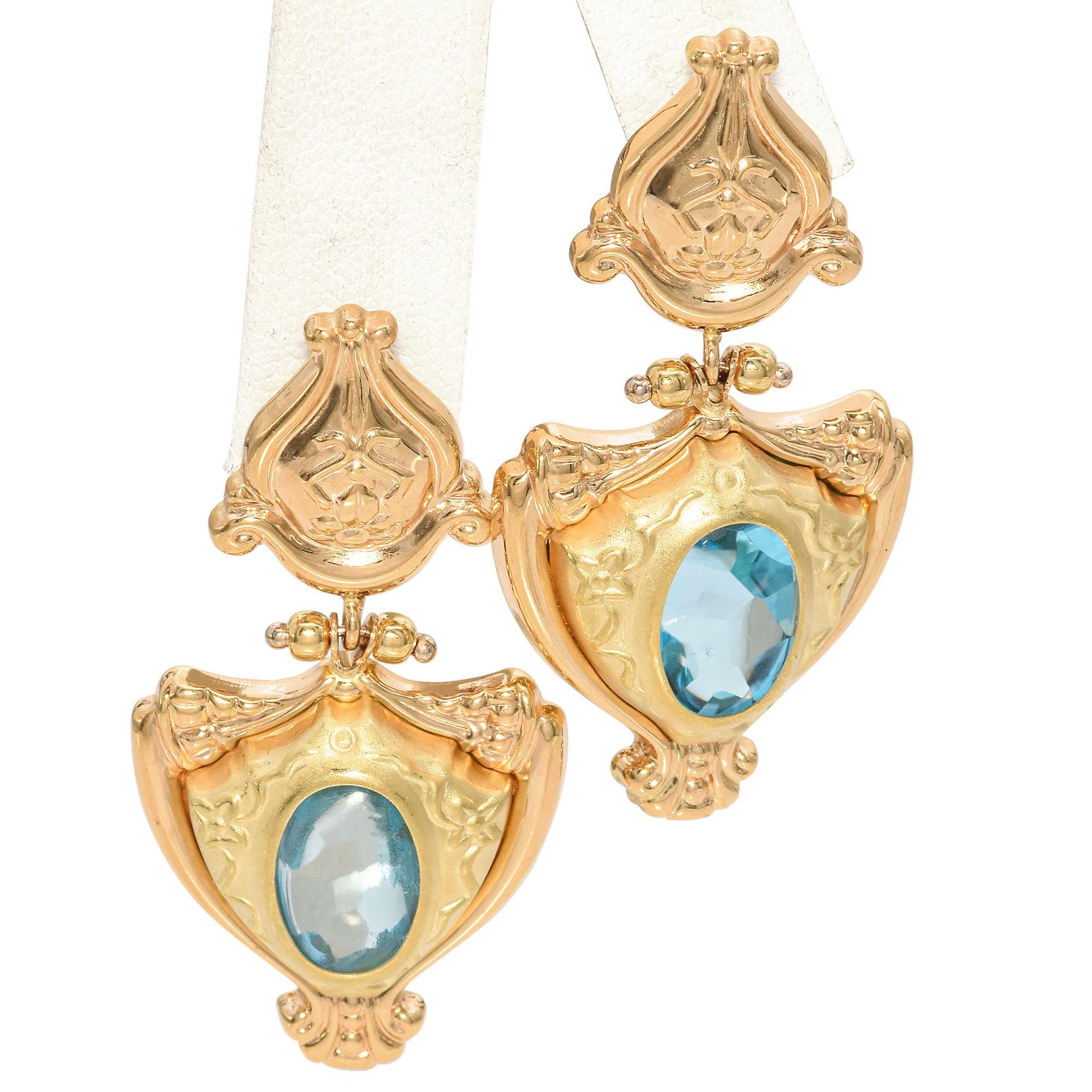 Vintage 14k Yellow Gold Blue Topaz Statement Drop Earrings For Sale 1