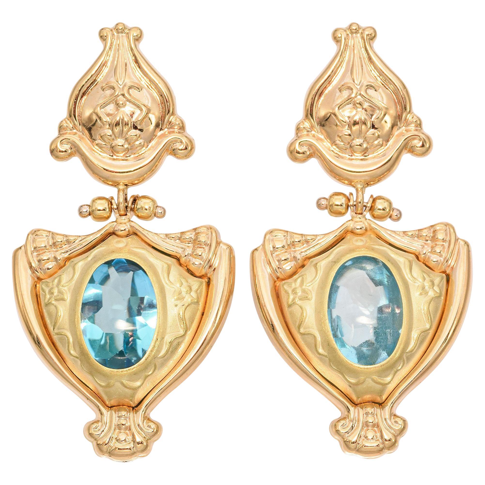 Vintage 14k Yellow Gold Blue Topaz Statement Drop Earrings