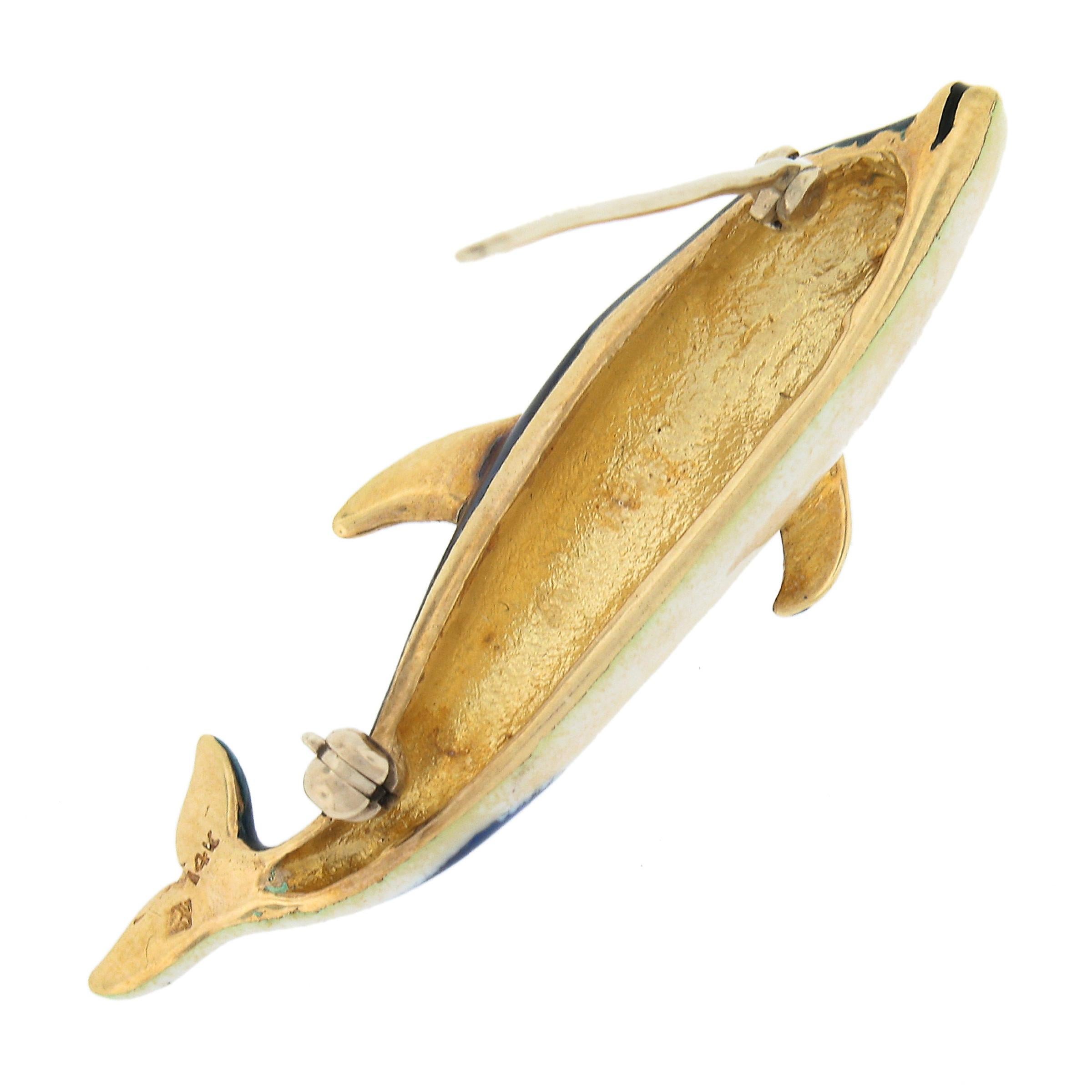 Vintage 14k Yellow Gold Blue & White Enamel Whale or Dolphin Pin Brooch In Excellent Condition For Sale In Montclair, NJ