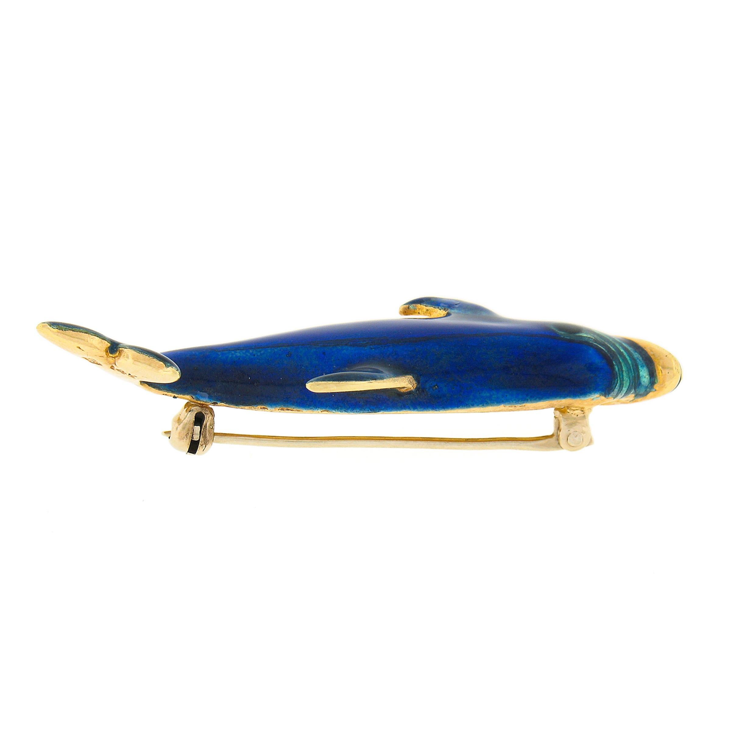 Women's or Men's Vintage 14k Yellow Gold Blue & White Enamel Whale or Dolphin Pin Brooch For Sale