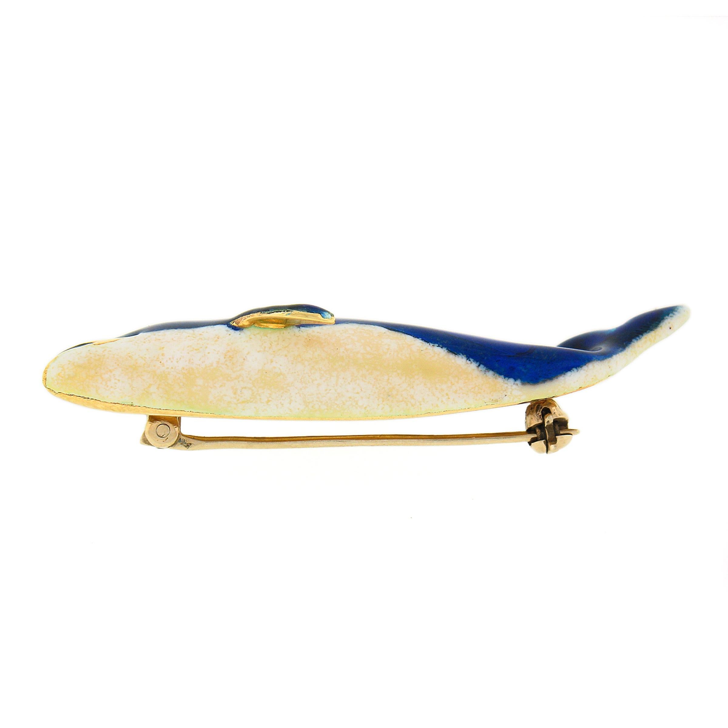 Vintage 14k Yellow Gold Blue & White Enamel Whale or Dolphin Pin Brooch For Sale 1