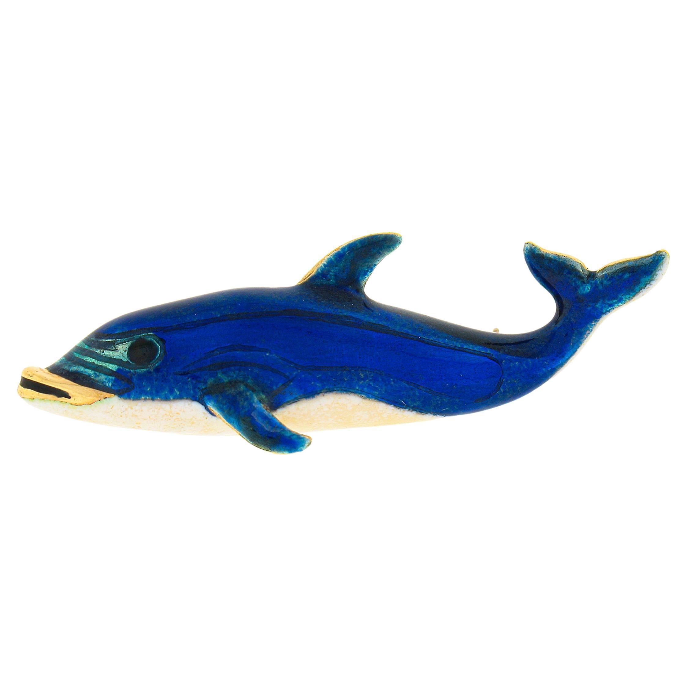 Vintage 14k Yellow Gold Blue & White Enamel Whale or Dolphin Pin Brooch For Sale