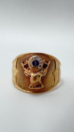 Vintage 14K Yellow Gold BPOE Elk Lodge Blue & White Enamel Ring - Size 10.5