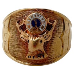 Vintage 14K Yellow Gold BPOE Elk Lodge Blue & White Enamel Ring - Size 10.5