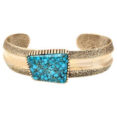 Vintage 14k Yellow Gold Bradley Gashwazra Red Mountain Spiderweb Turquoise Cuff