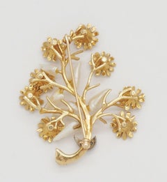 Vintage 14k Yellow Gold Branch & Flower Gemstone Brooch - 11.9g