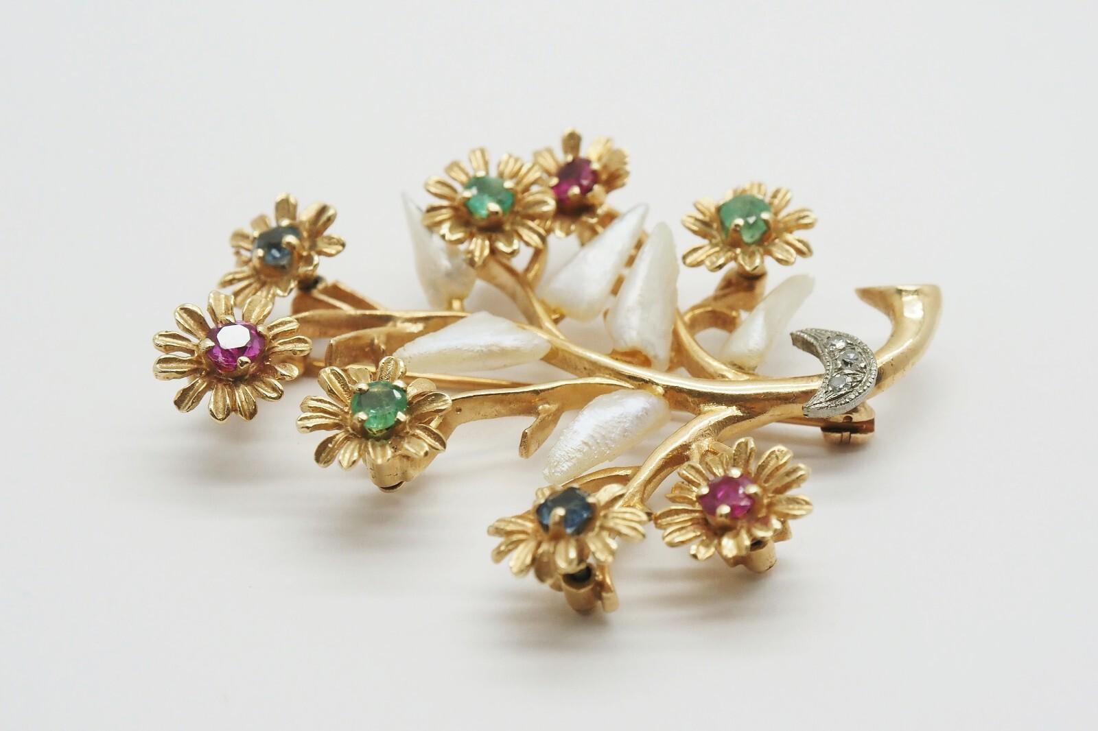 da uomo o donna Spilla d'epoca in oro giallo 14k con Branch e fiori - 11,9g in vendita