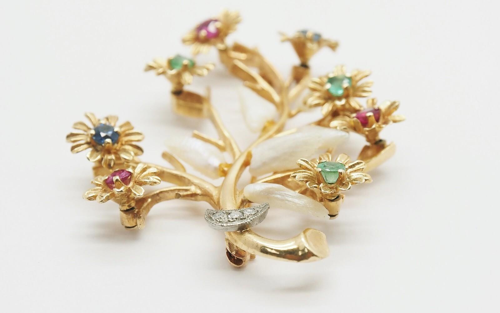Spilla d'epoca in oro giallo 14k con Branch e fiori - 11,9g in vendita 2