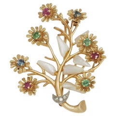 Vintage 14k Yellow Gold Branch & Flower Gemstone Brooch - 11.9g