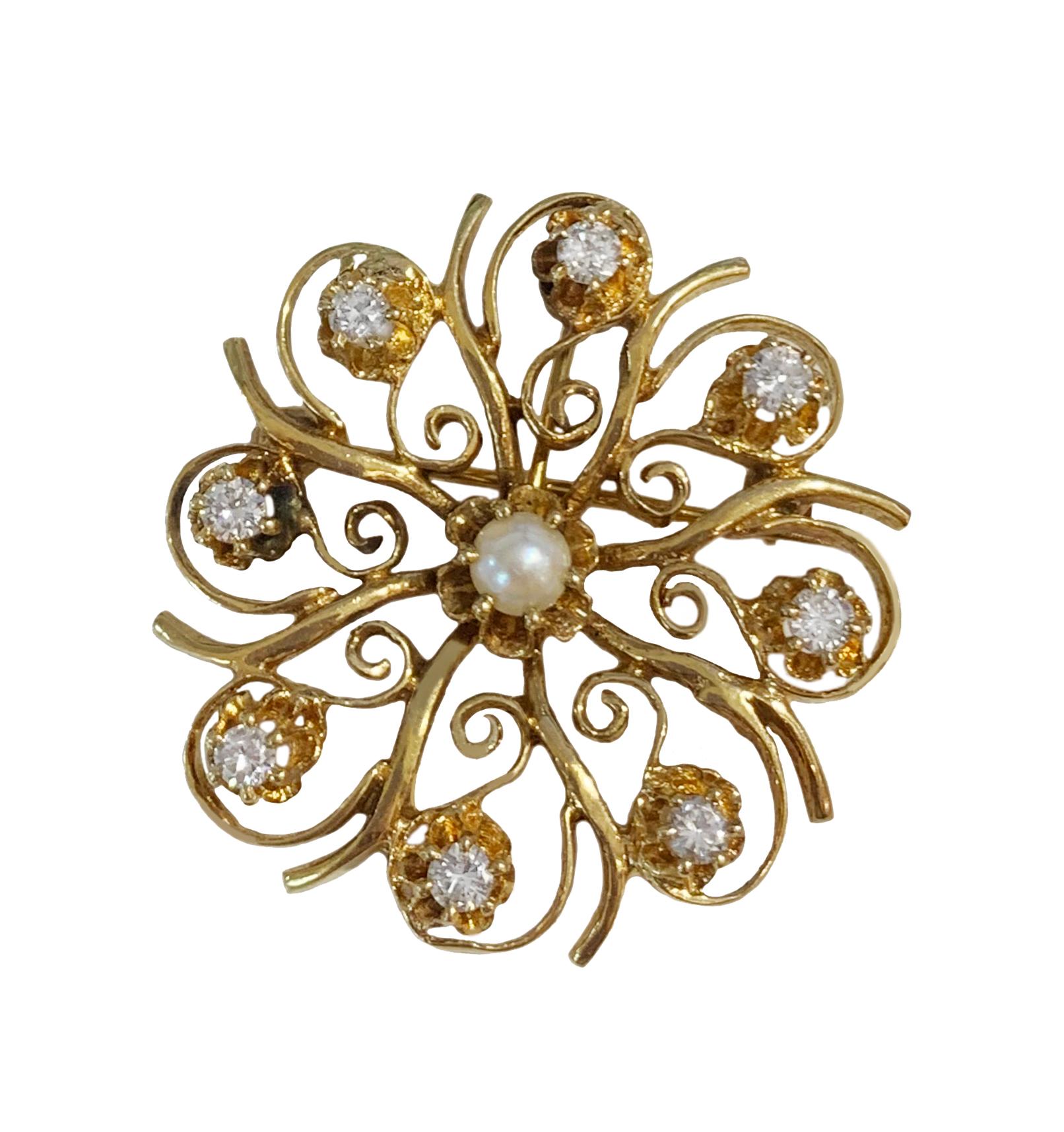 Vintage 14k Yellow Gold Brooch with Diamonds In Fair Condition For Sale In New York, NY