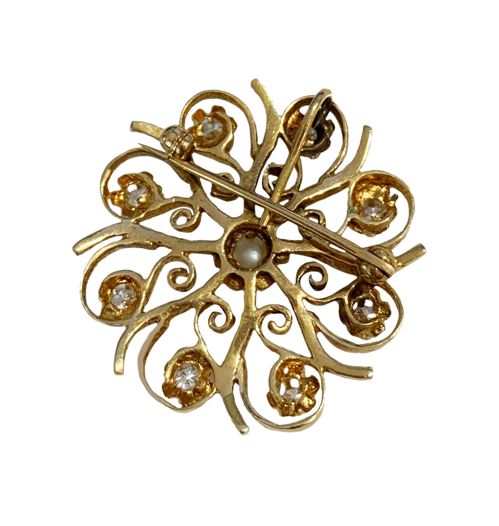 Women's or Men's Vintage 14k Yellow Gold Brooch with Diamonds For Sale