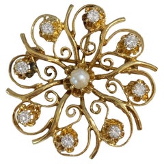 Vintage 14k Yellow Gold Brooch with Diamonds