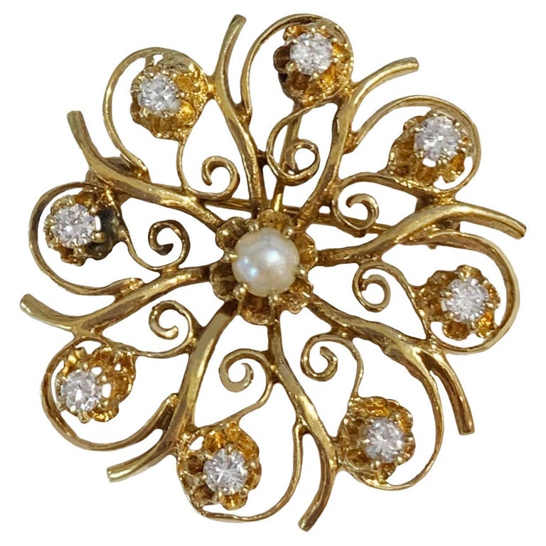 Vintage 14k Yellow Gold Brooch with Diamonds For Sale at 1stDibs