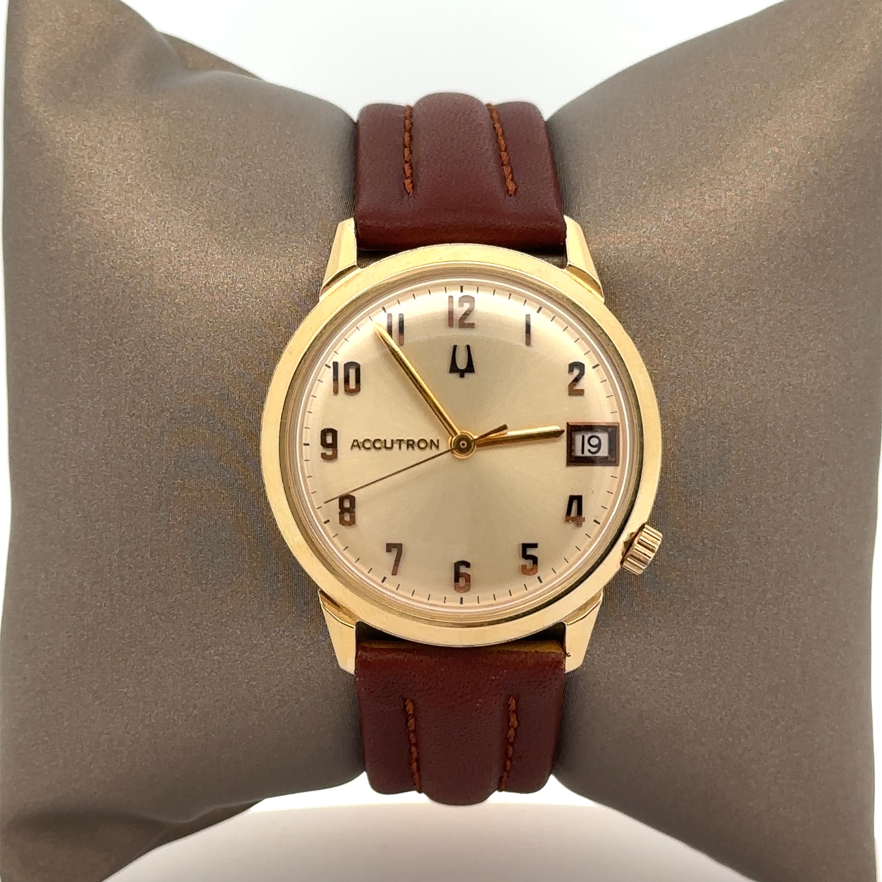 Vintage 14k Yellow Gold Bulova Accutron 34mm Date Quartz Wrist Watch Ref. M9 For Sale 9