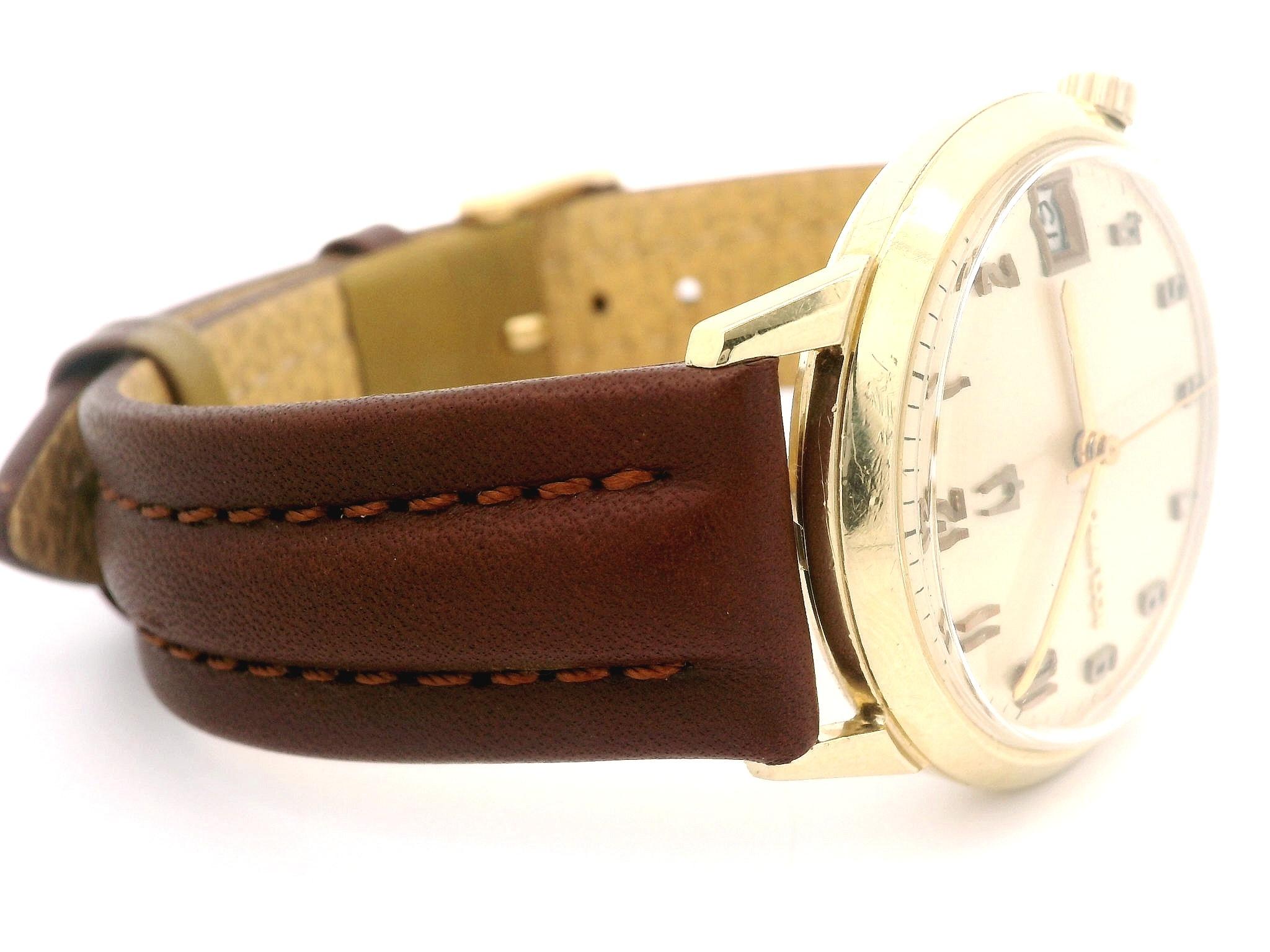Vintage 14k Yellow Gold Bulova Accutron 34mm Date Quartz Wrist Watch Ref. M9 For Sale 5
