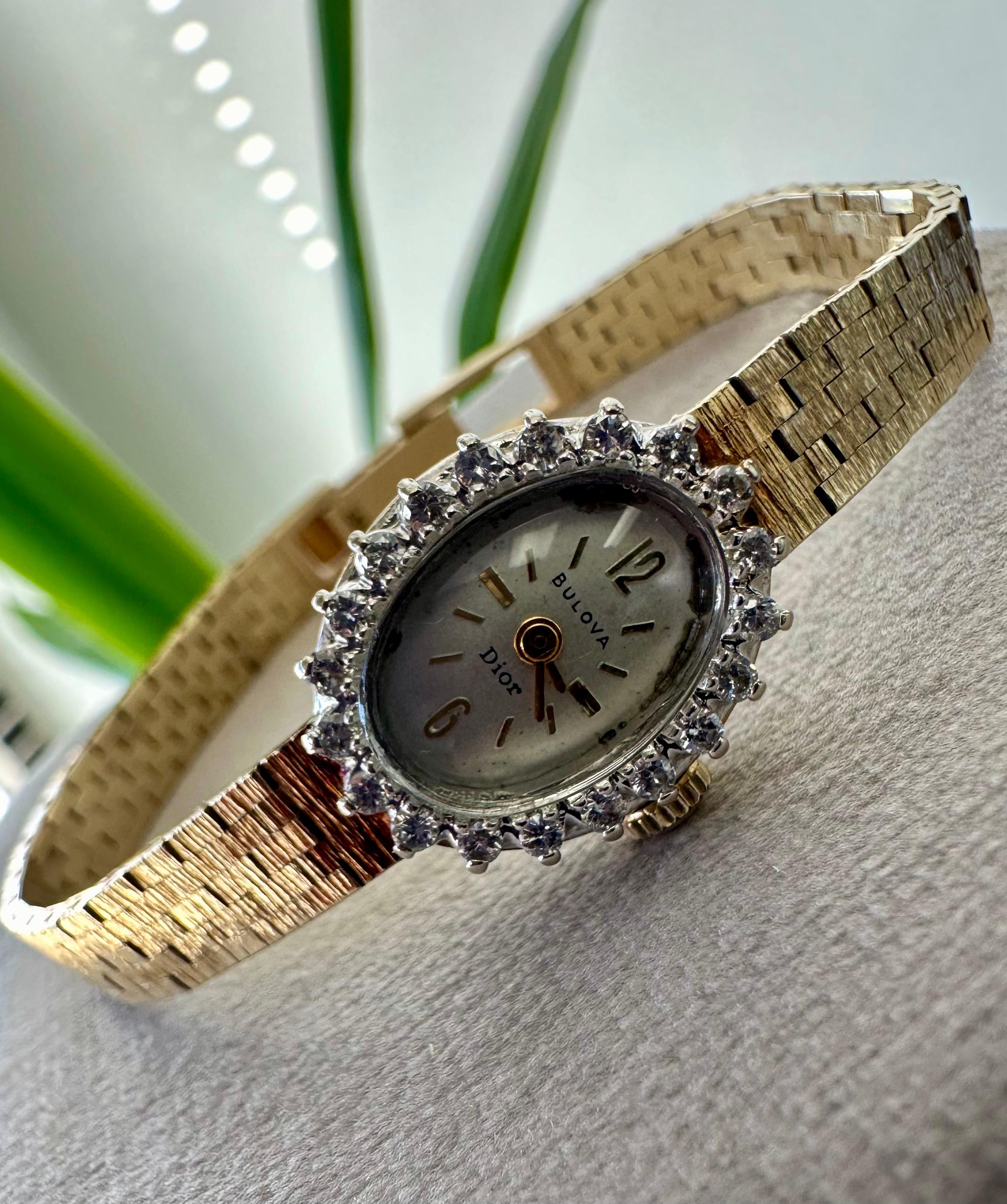 Round Cut Vintage 14k Yellow Gold Bulova Dior Watch with a Diamond Bezel