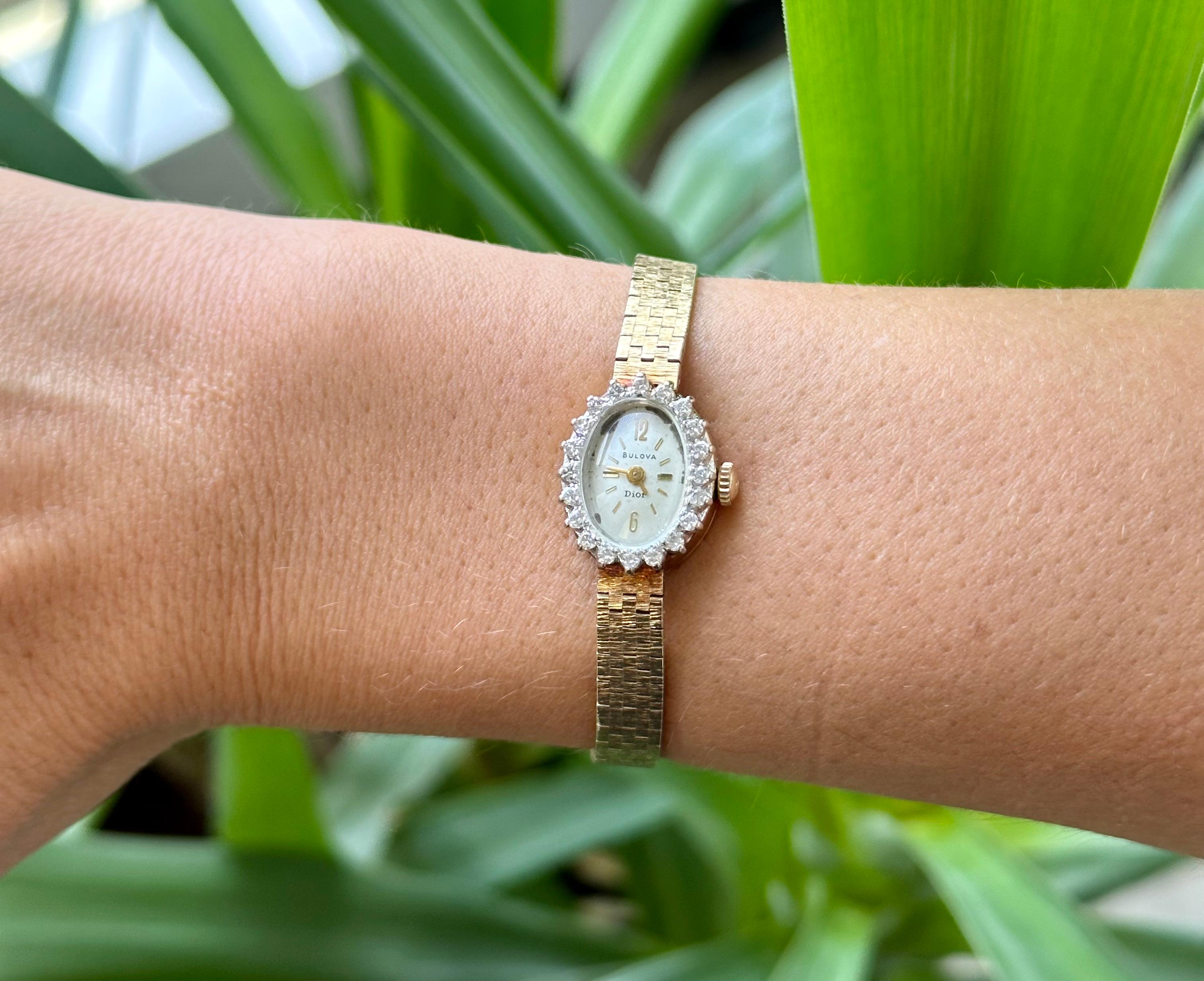 Vintage 14k Yellow Gold Bulova Dior Watch with a Diamond Bezel In Fair Condition In Houston, TX