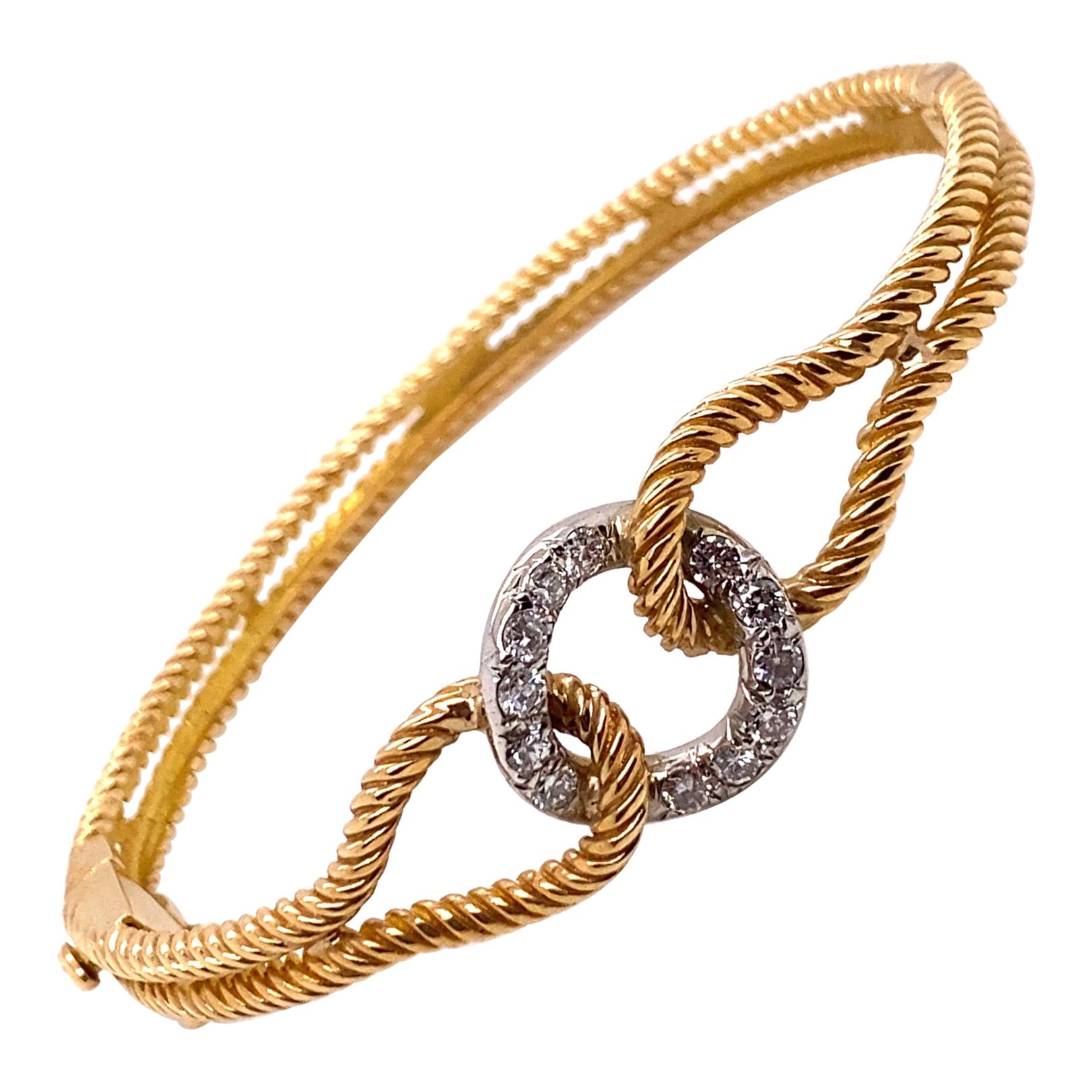 Bracelet jonc lasso vintage câble en or jaune 14 carats avec centre en diamants en vente