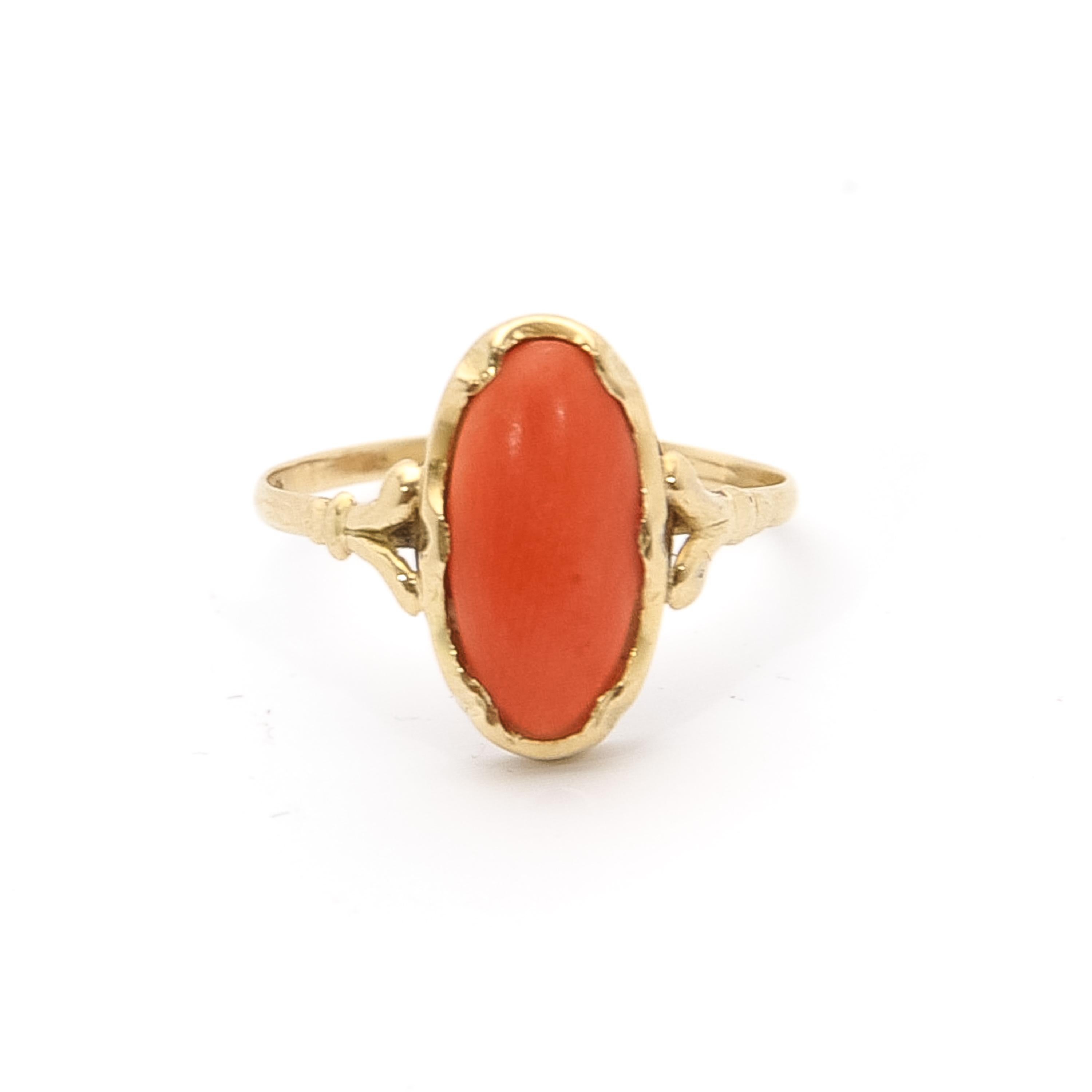 Coral jewelry is rare and unique, it’s adding a warm touch to any outfit. The setting of this ring has an elegance that allows the oval coral stone to be the center of attention that it deserves. The ring is beautiful and makes a definite statement
