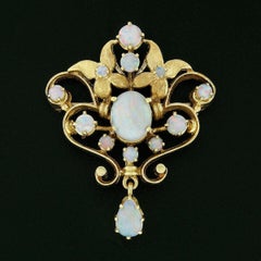 Vintage 14k Yellow Gold Cabochon Opal Teardrop Dangle Open Pin Brooch Pendant