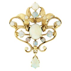 Vintage 14k Yellow Gold Cabochon Opal Teardrop Dangle Open Pin Brooch Pendant