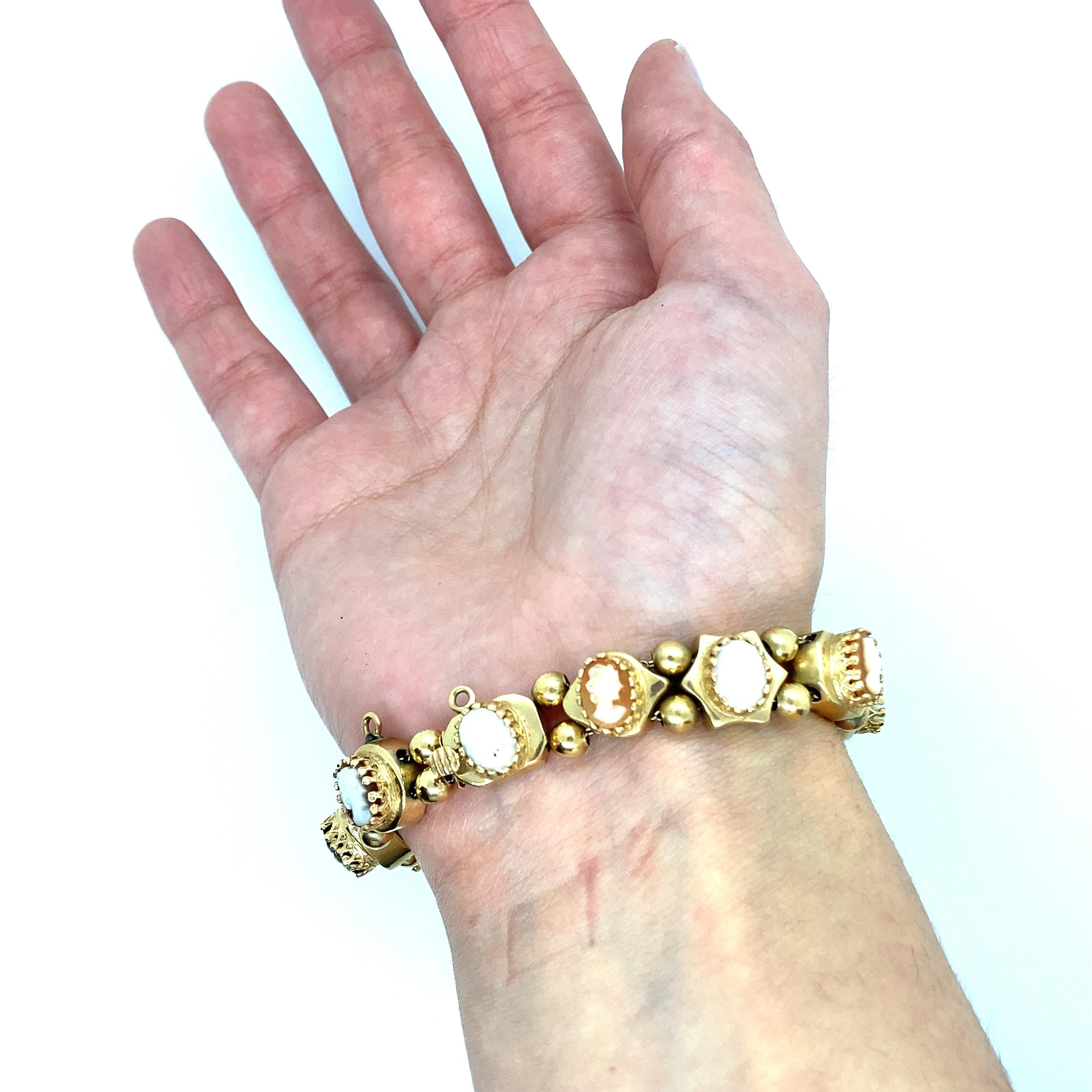 Retro Vintage 14K Yellow Gold Cameo Slide Charm Bracelet For Sale