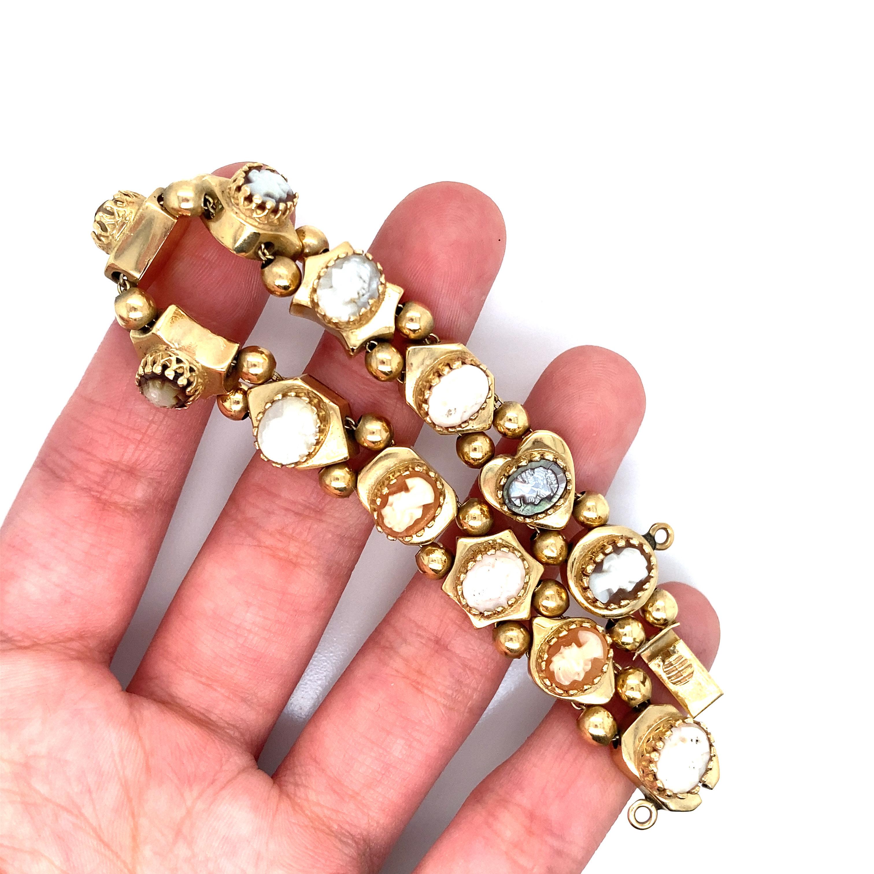 Vintage 14K Yellow Gold Cameo Slide Charm Bracelet In Good Condition For Sale In Boston, MA
