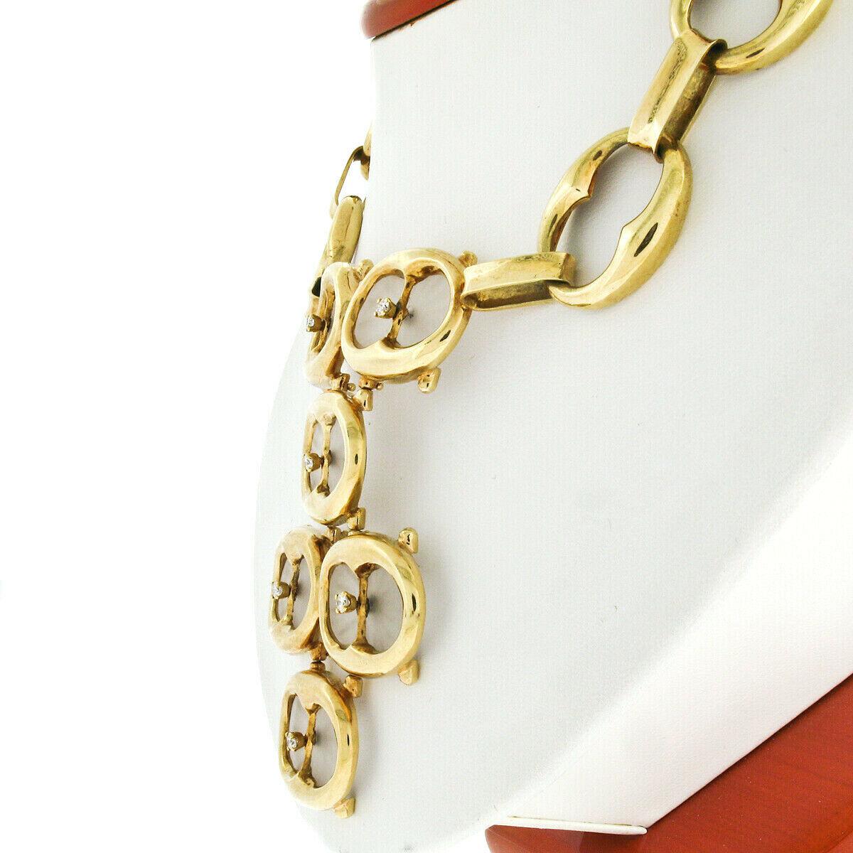 Round Cut Vintage 14k Yellow Gold Camphor Glass .65ct Diamond Statement Bib Chain Necklace For Sale