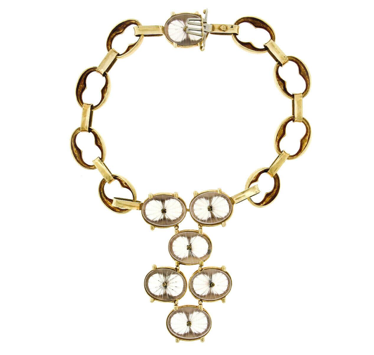 Vintage 14k Yellow Gold Camphor Glass .65ct Diamond Statement Bib Chain Necklace For Sale 1