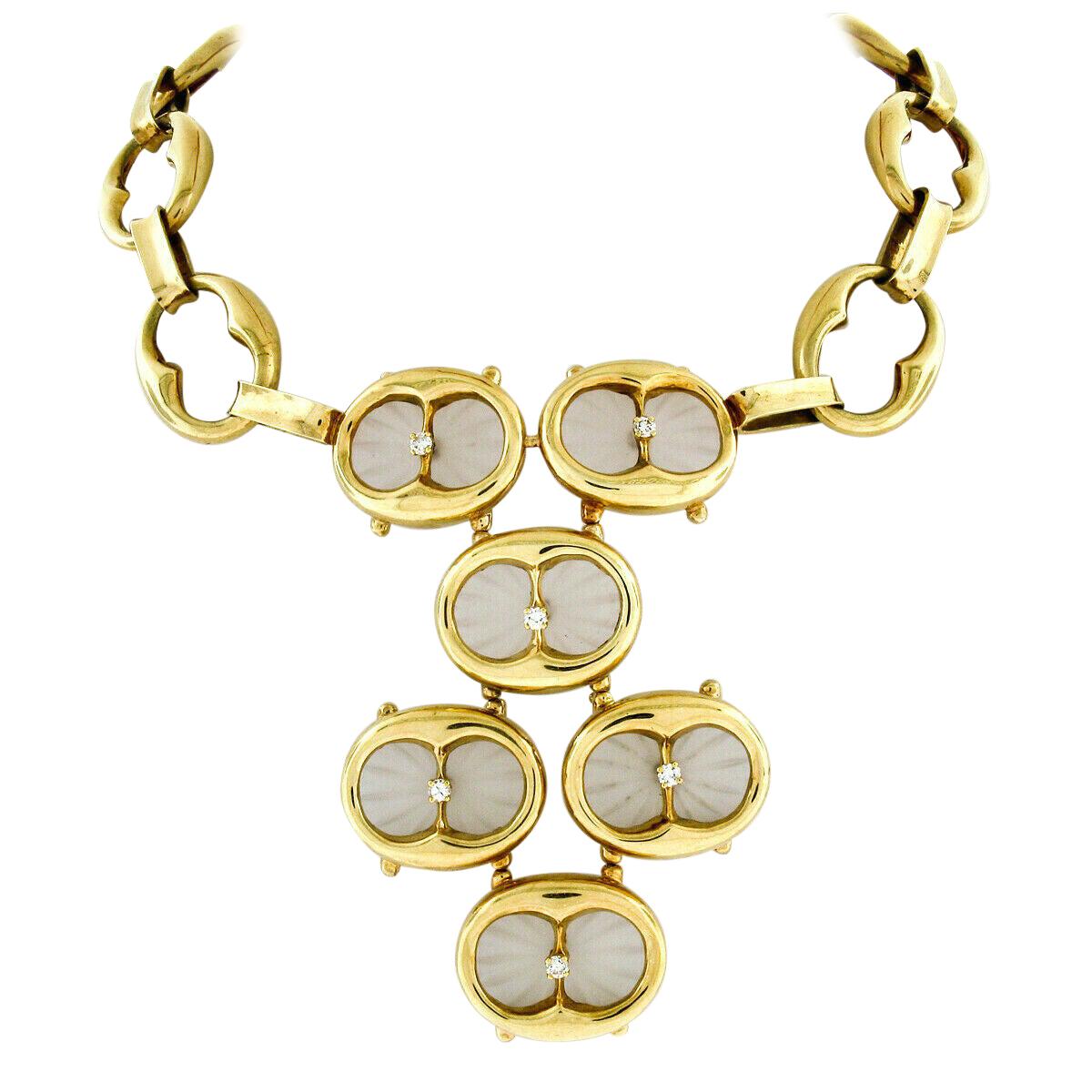 Vintage 14k Yellow Gold Camphor Glass .65ct Diamond Statement Bib Chain Necklace For Sale