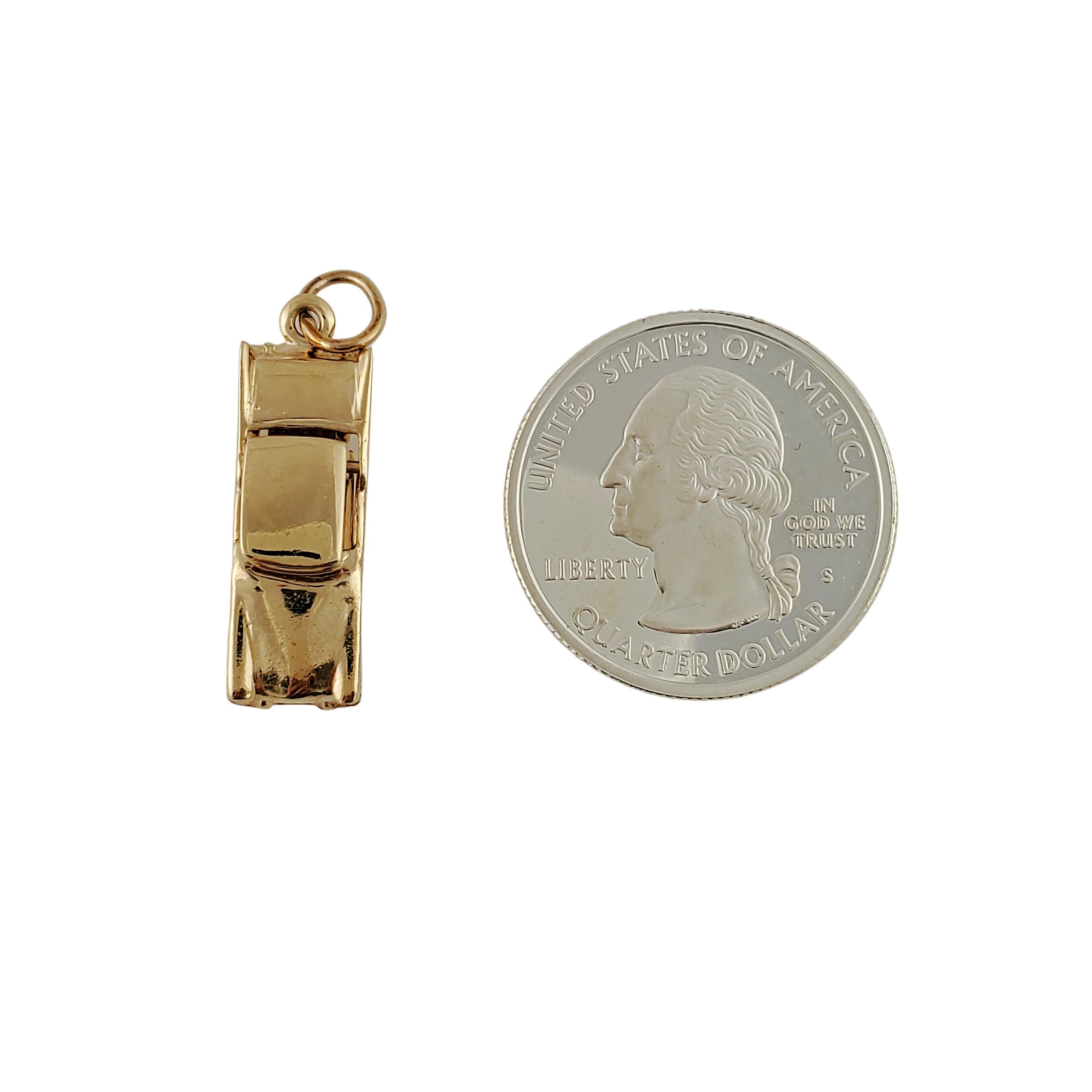 Vintage 14 Karat Yellow Gold Car Charm

This is a fantastic piece, featuring moving wheels, incredible detailing, and beautiful 14K gold. 

*Chain not included

Size: 23 mm x 8.5 mm (actual charm)

Weight: 2.7 dwt / 4.2 g.

Very good condition,