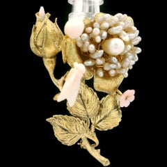 Vintage 14k Yellow Gold Carved Coral & Pearls Detailed Flower Bee Pin Brooch