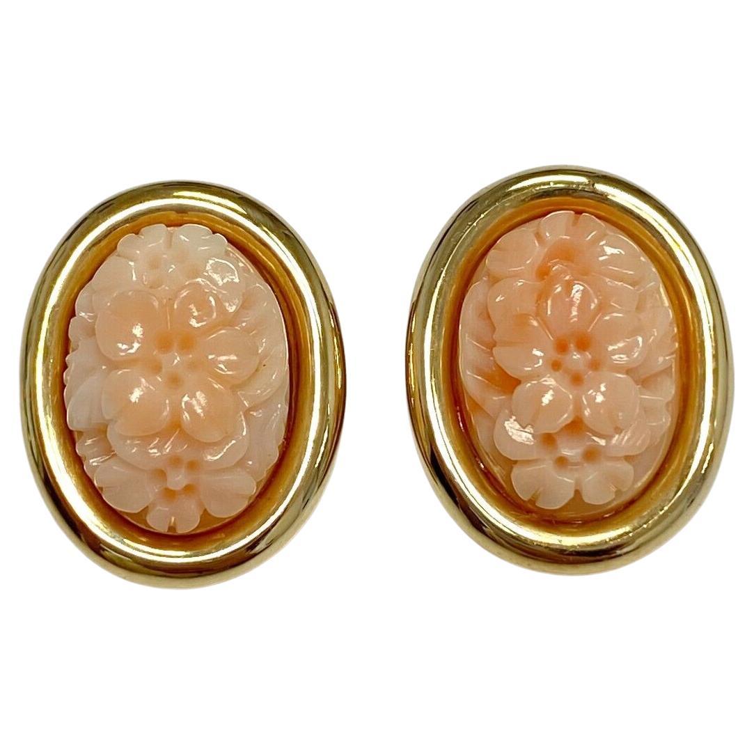 Vintage 14K Yellow Gold Carved Flowers Coral Oval Clip on Earrings For Sale