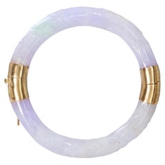 Vintage 14k Yellow Gold Carved GIA Type A Lavender Jadeite Jade Hinged Bangle