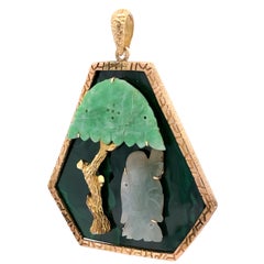 Vintage 14k Yellow Gold Carved Green & White Jade Tree Monk Scene Large Pendant