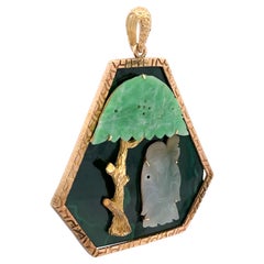 Vintage 14k Yellow Gold Carved Green & White Jade Tree Monk Scene Large Pendant