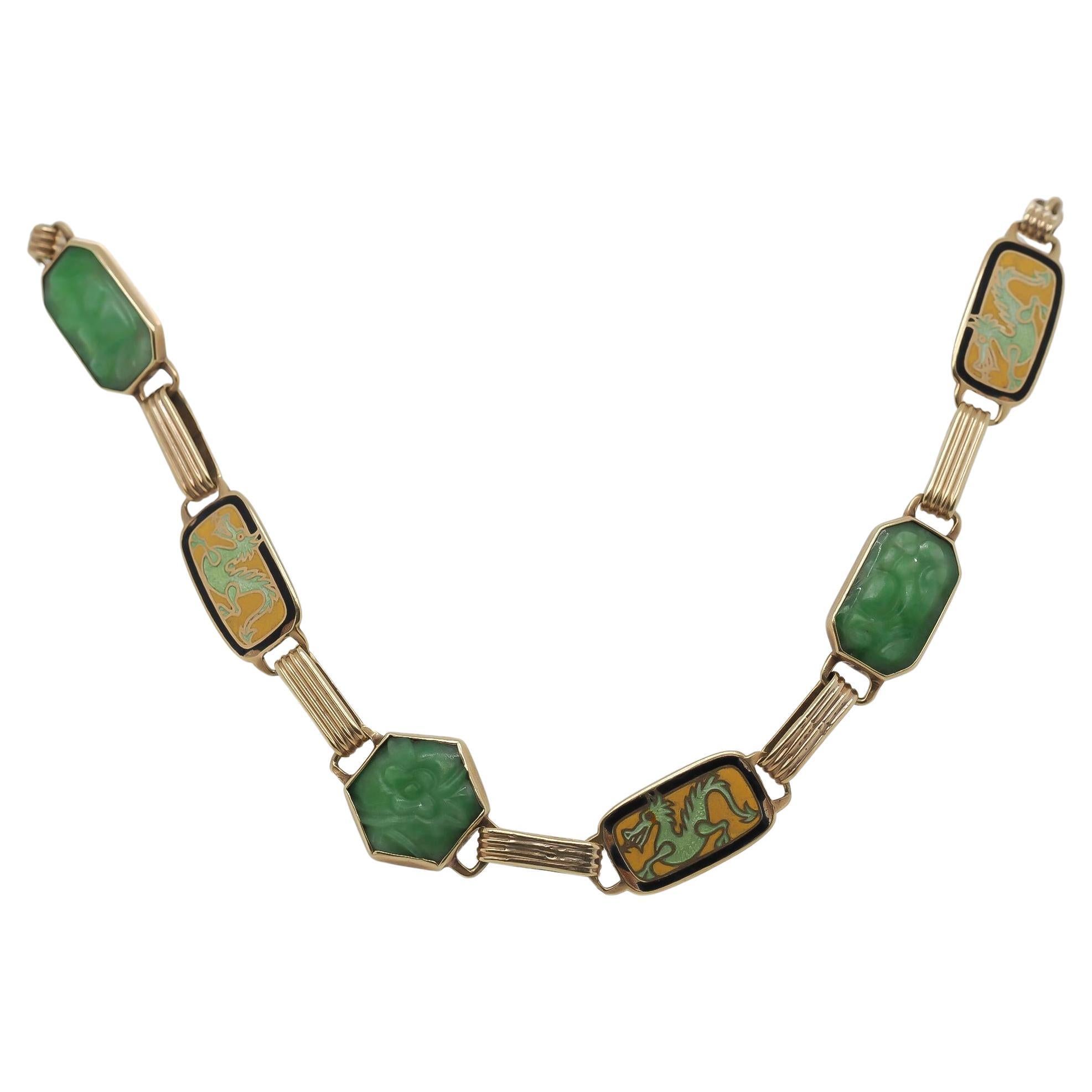 Vintage 14K Yellow Gold Carved Jade and Enamel Dragon Bracelet