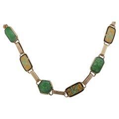 Vintage 14K Yellow Gold Carved Jade and Enamel Dragon Bracelet