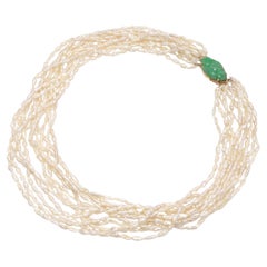 Vintage 14k Yellow Gold Carved Jade and Pearl Multi-Strand Necklace