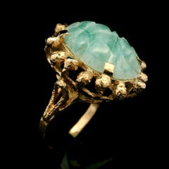 Vintage 14k Yellow Gold Carved Jade Cabochon Open Work Beading Cocktail Ring