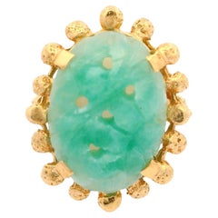 Vintage 14k Yellow Gold Carved Jade Cabochon Open Work Beading Cocktail Ring