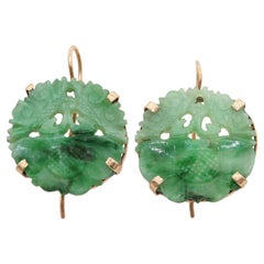 Vintage 14K Yellow Gold Carved Jade Earrings