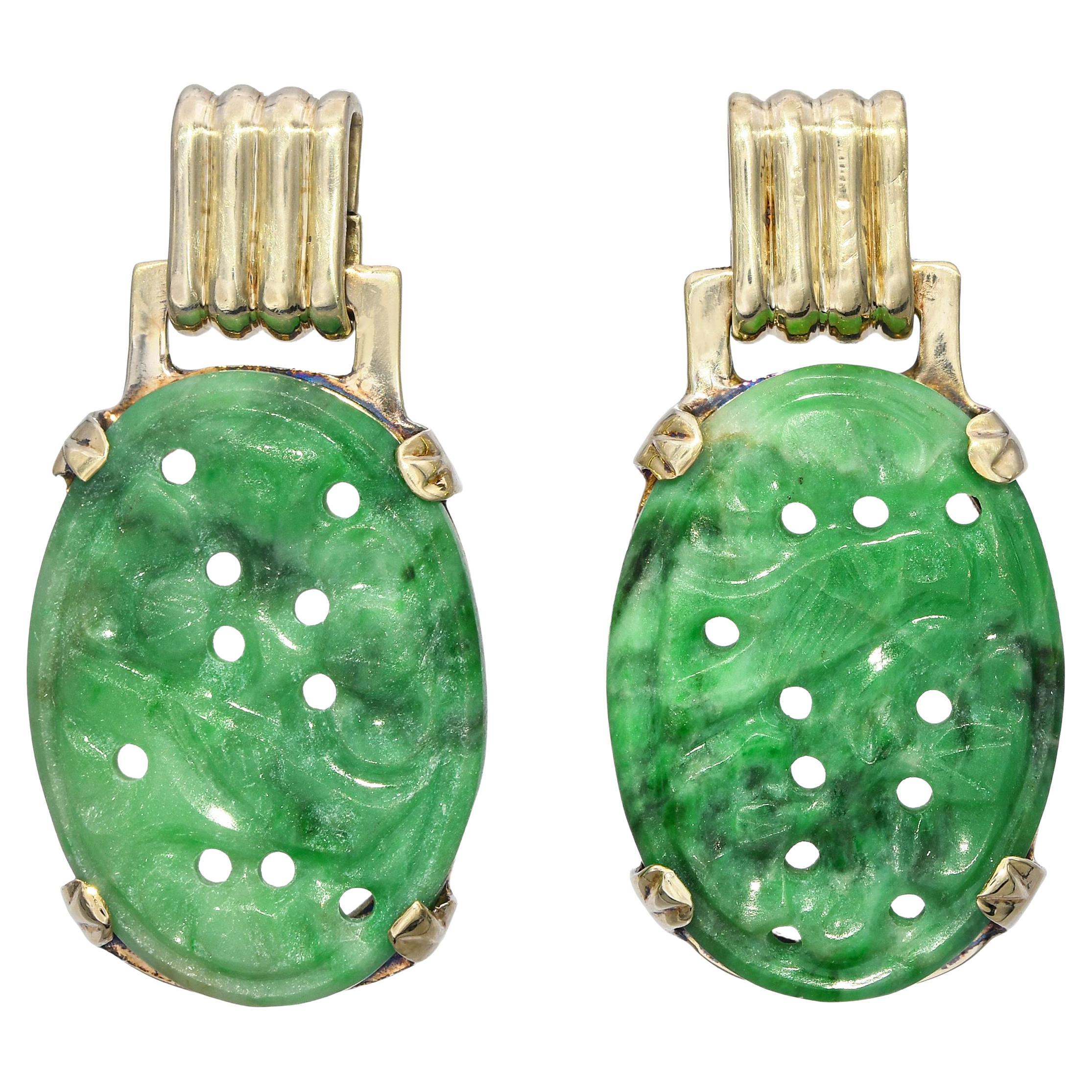Boucles d'oreilles vintage en or jaune 14k et jade sculpté