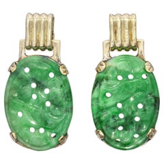 Vintage 14k Yellow Gold Carved Jade Earrings