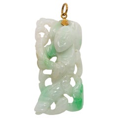 Vintage 14K Yellow Gold Carved Jade Figure Holding Staff Pendant