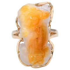 Vintage 14k Yellow Gold Carved Jade Foo Dog and Diamond Ring